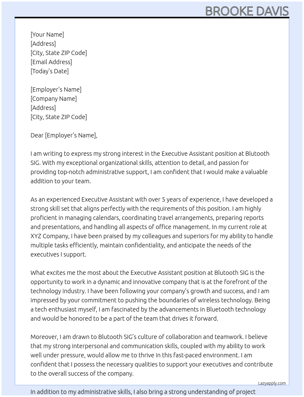 Executive Assistant At Blutooth SIG Cover Letter