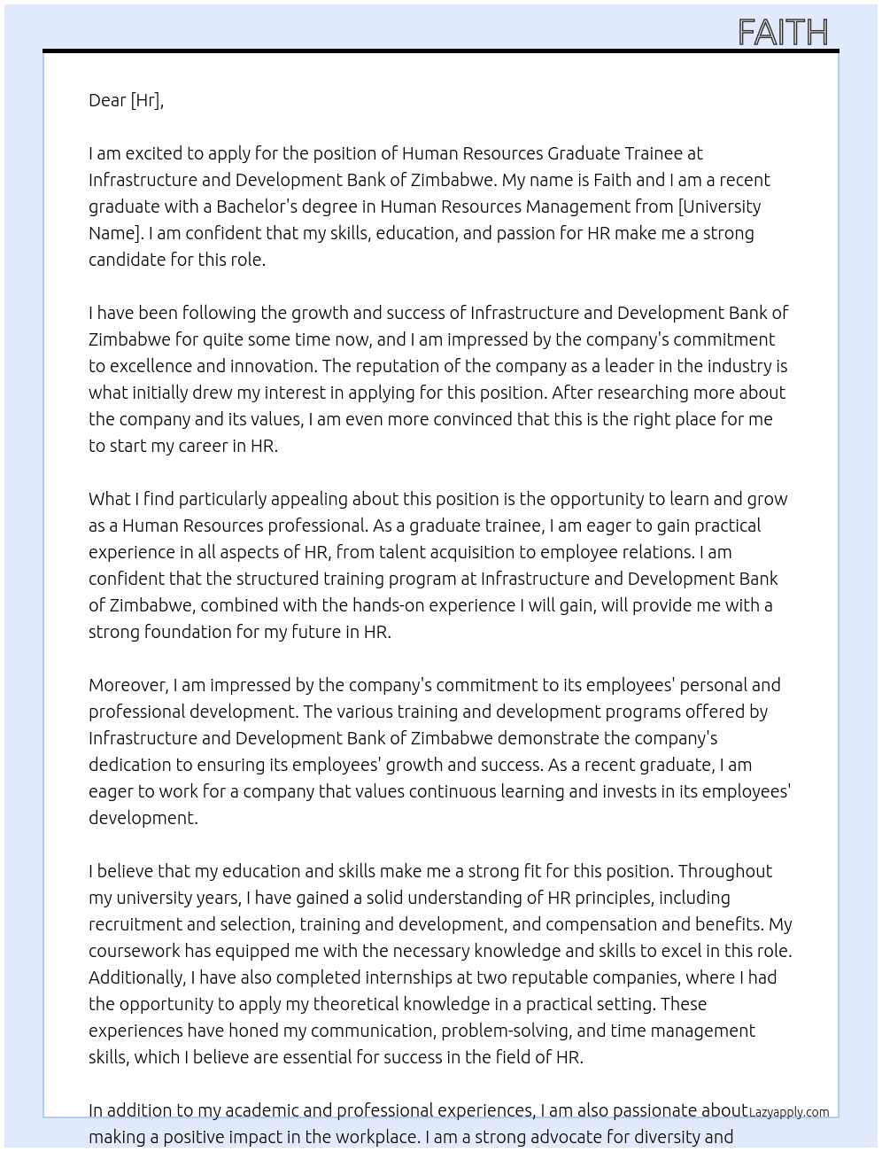 Human Resources Graduate Trainee  At Infrastructure and Development Bank of Zimbabwe  Cover Letter
