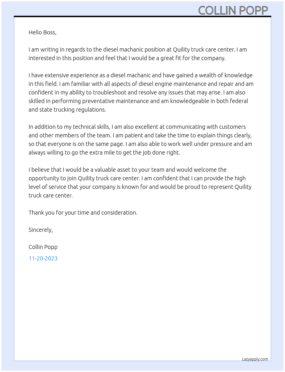 diesel machanic At Quility truck care center  Cover Letter