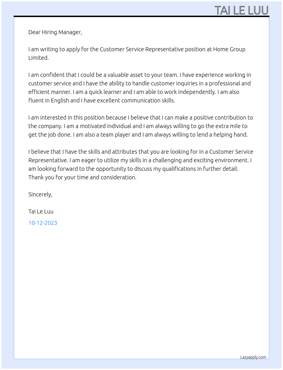Customer Service Representative At Home Group Limited Cover Letter