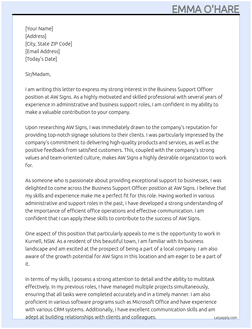 Business Support Officer At AW Signs Cover Letter