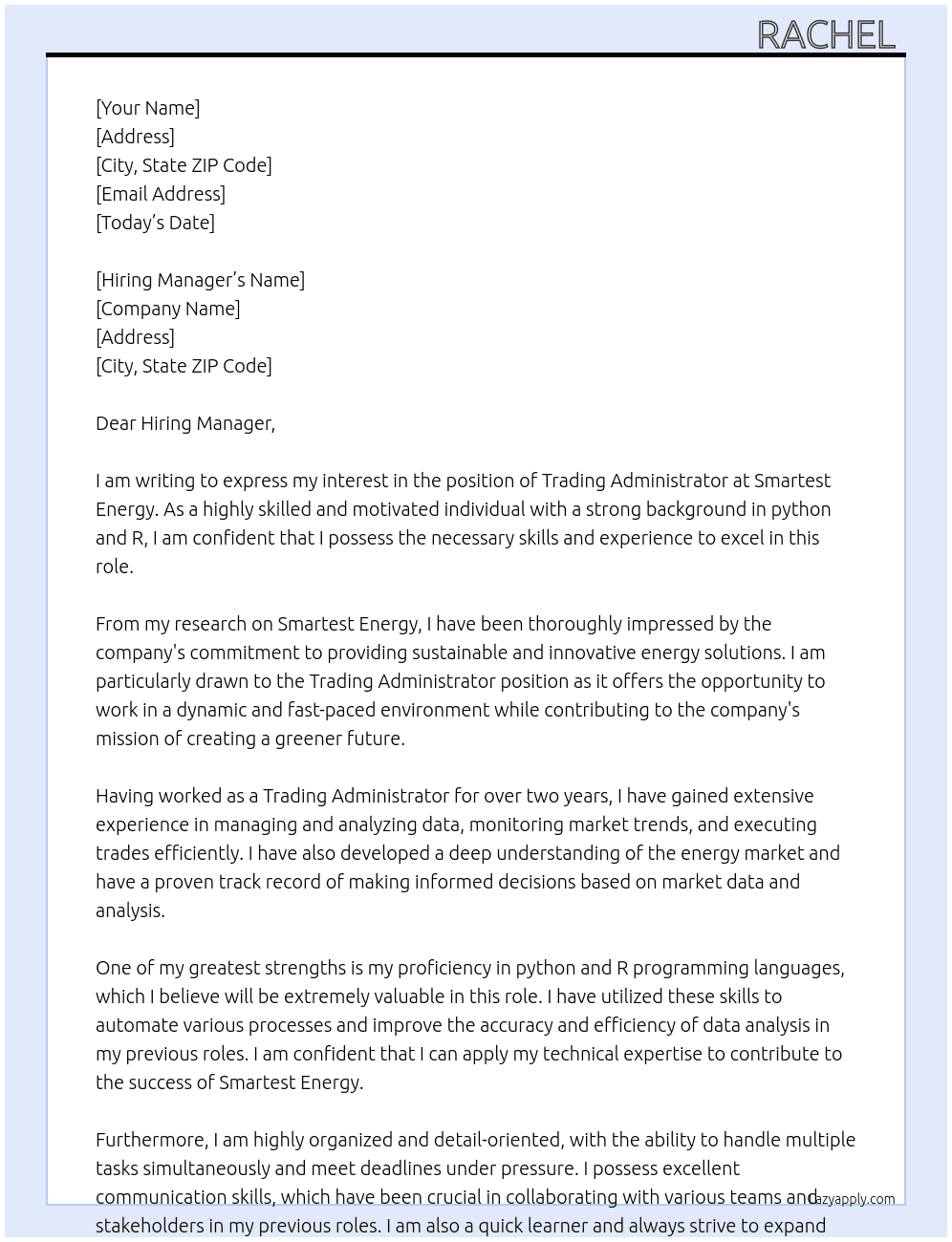 Trading Administrator At Smartest Energy Cover Letter