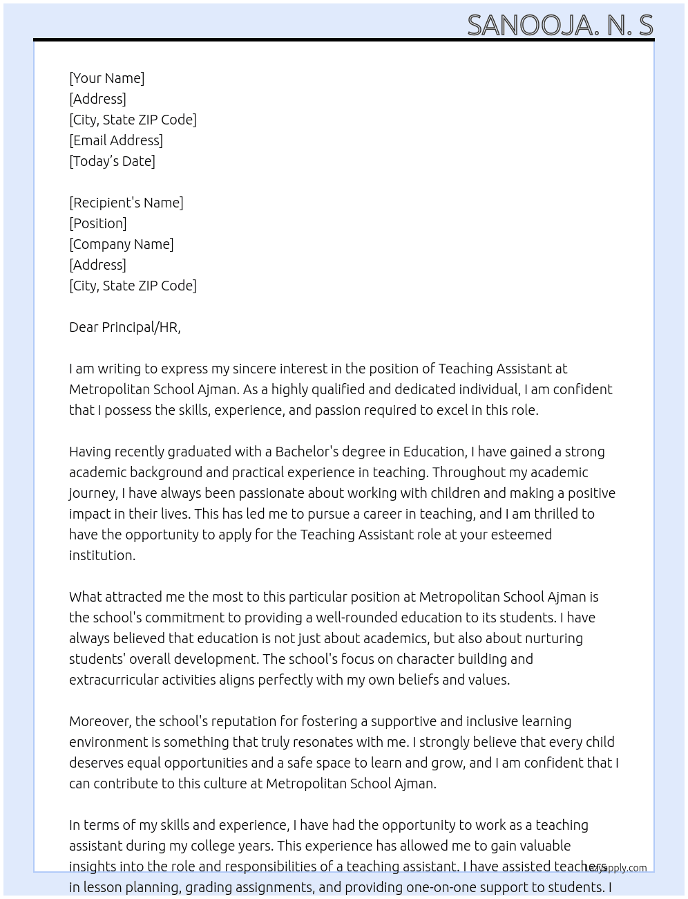 Teaching assistant  At Metropolital school ajman Cover Letter