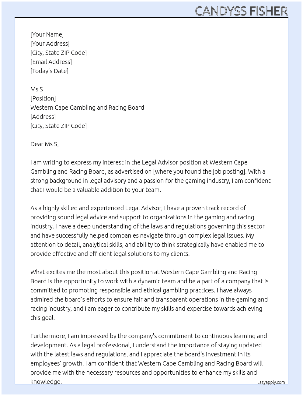 Legal Advisor At Western Cape Gambling and Racing Board  Cover Letter