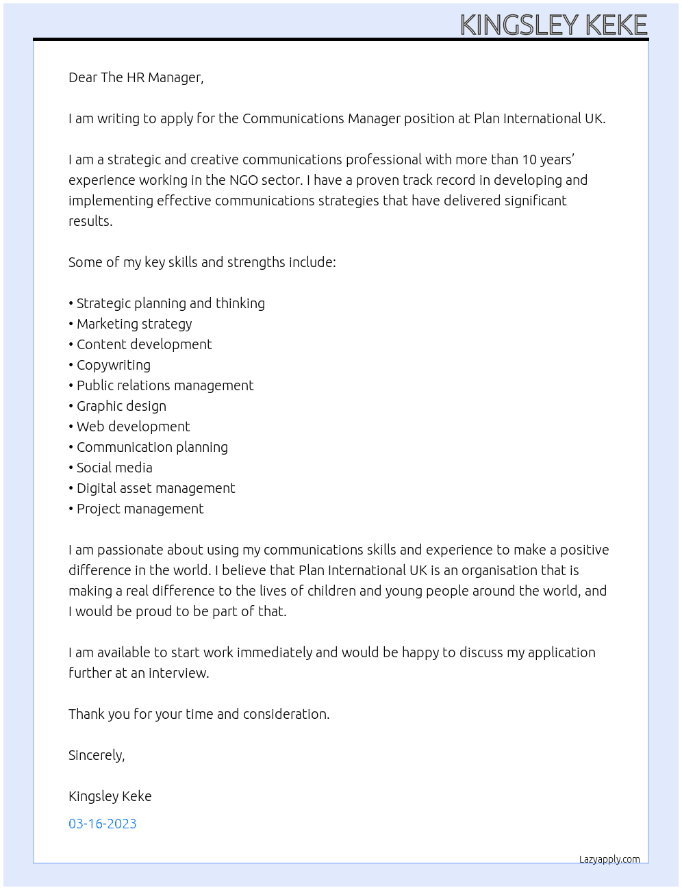 Communications Manager At Plan International UK Cover Letter