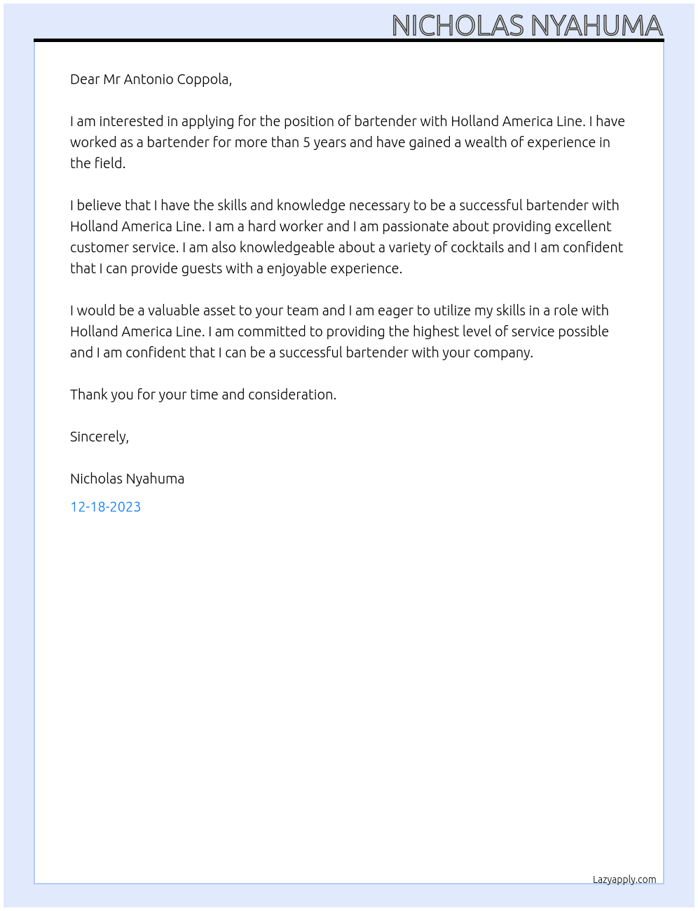 Bartender At Holland America Line Cover Letter