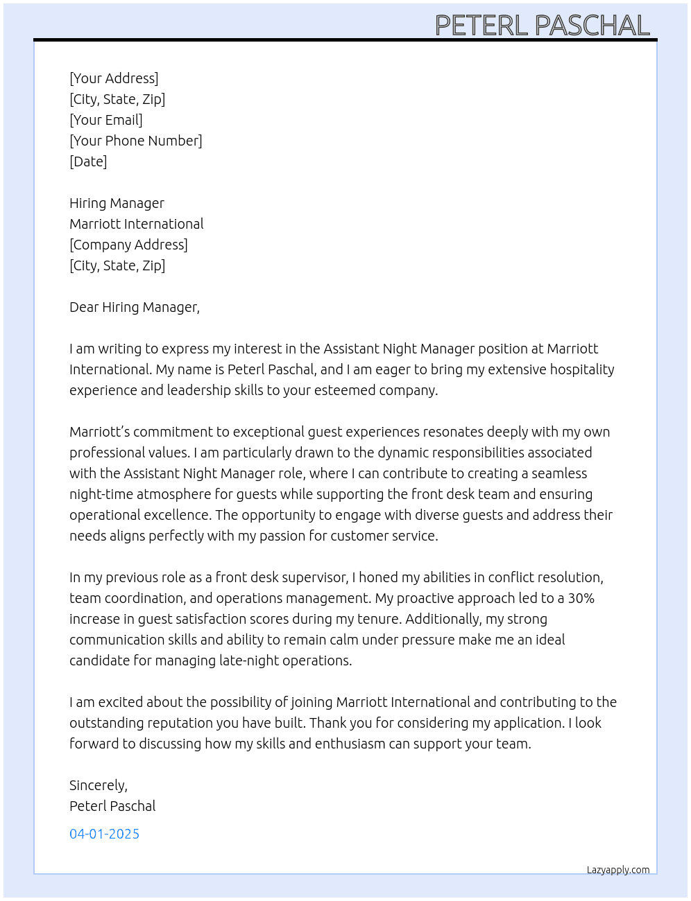 Assistant night manager  At Assistant night manager Cover Letter