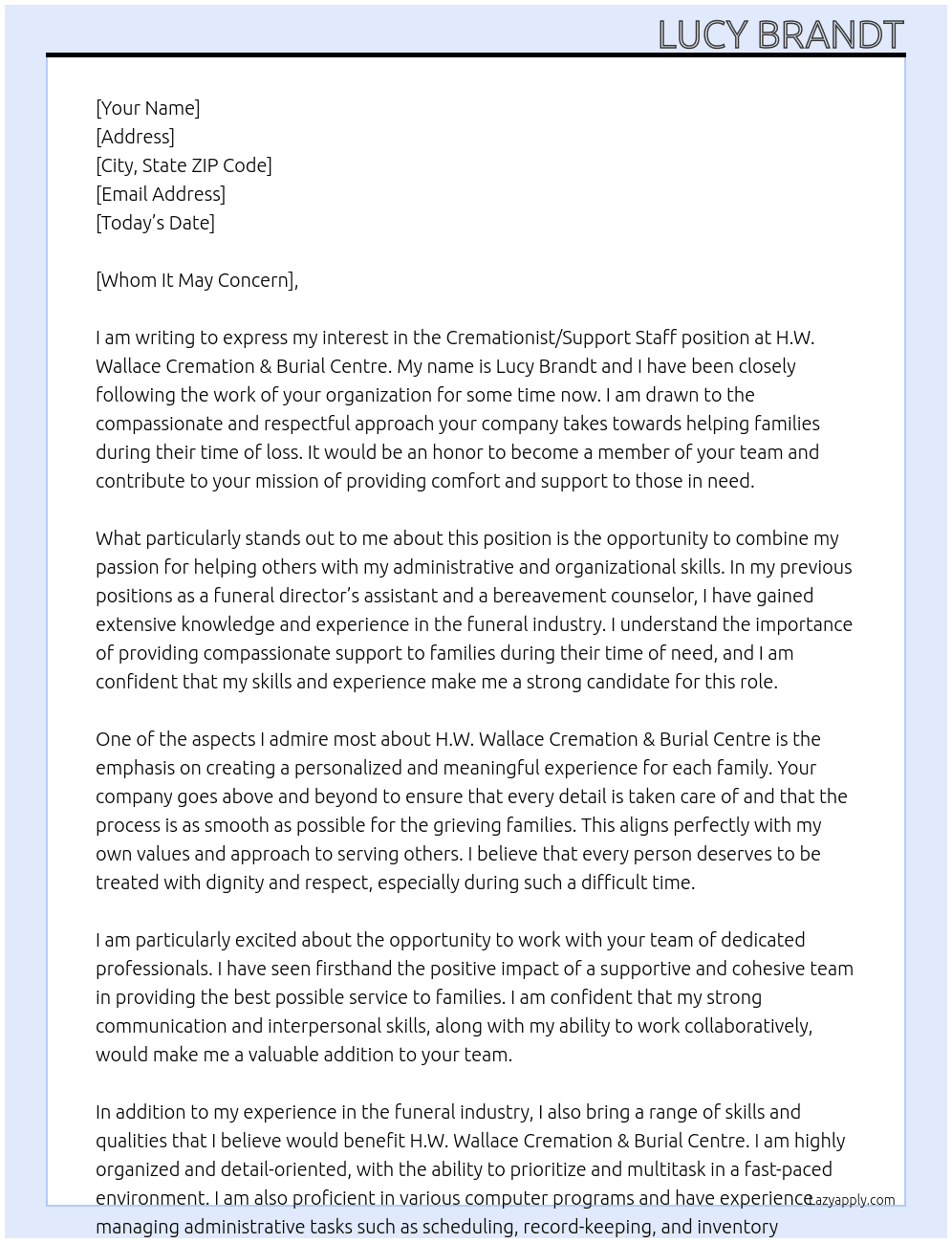 Cover letter for cremationist / support staff - LazyApply