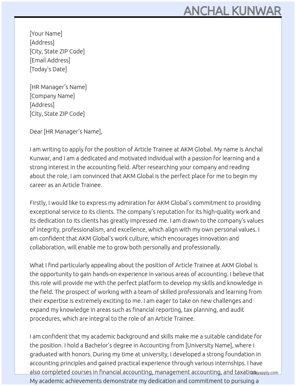 ARTICLE TRAINEE At AKM GLOBAL Cover Letter