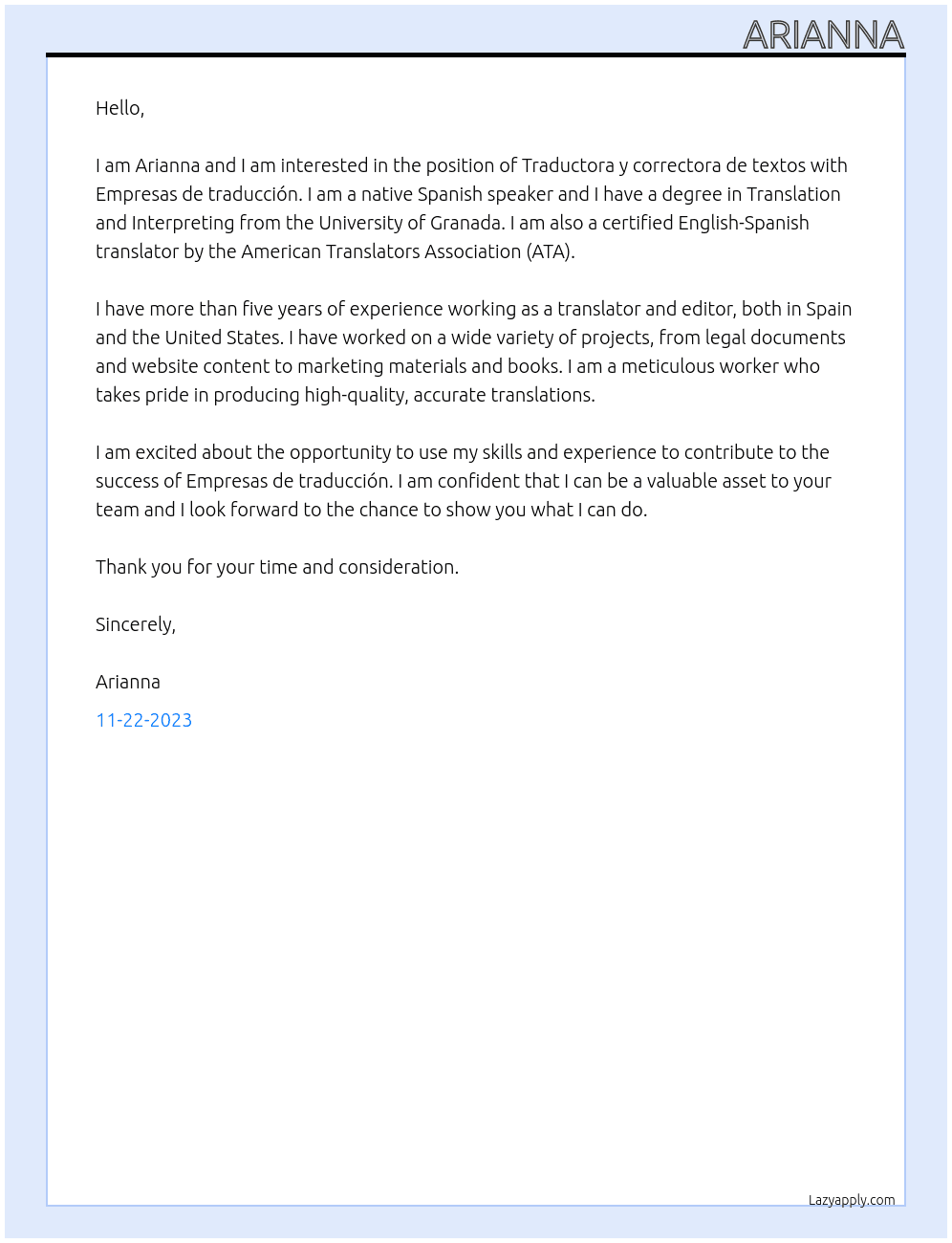 Traductora y correctora de textos At Empresas de traducción Cover Letter