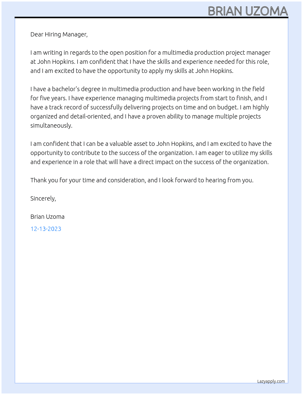 Multimedia Production Project Manager At John Hopkins Cover Letter