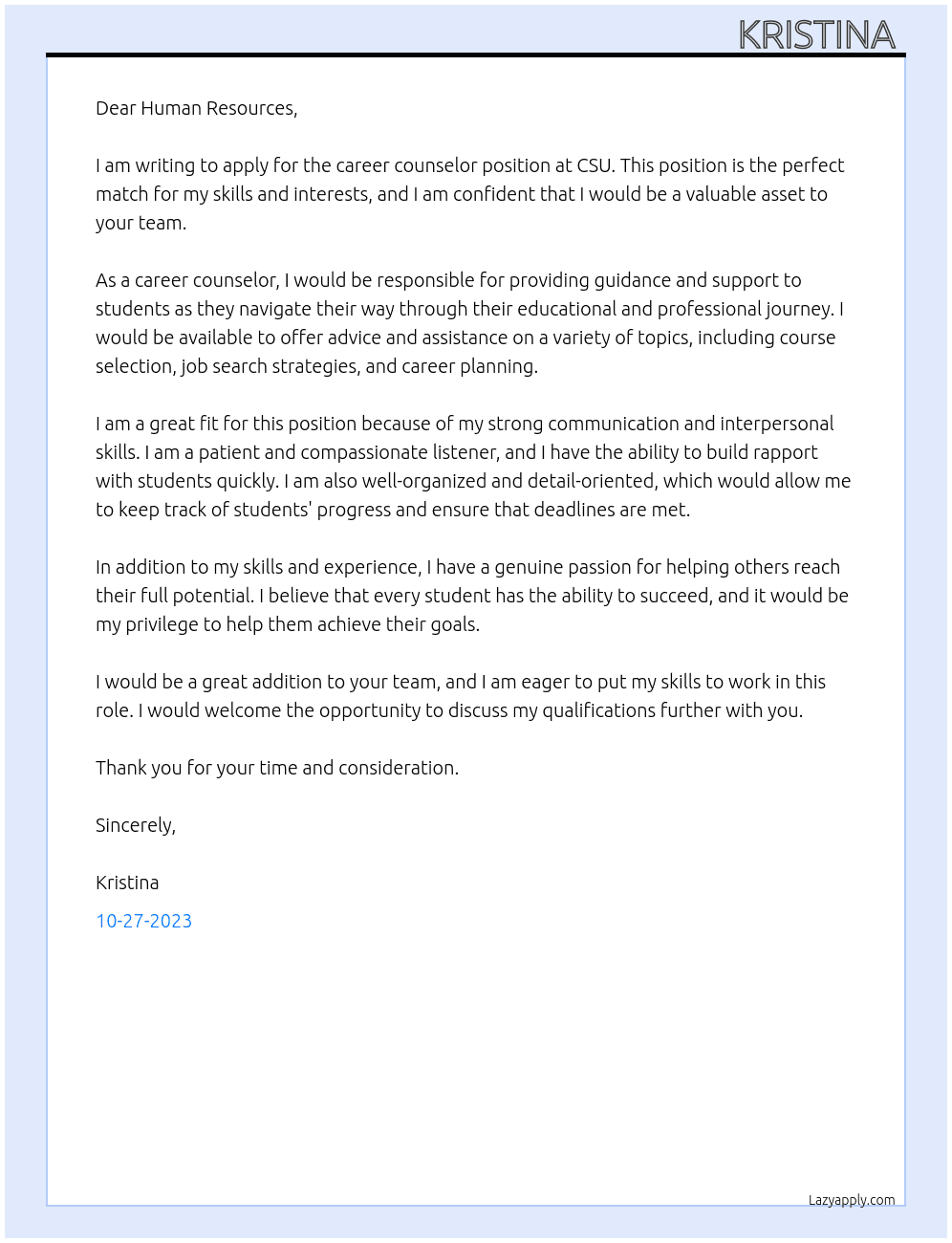 career counselor At CSU Cover Letter