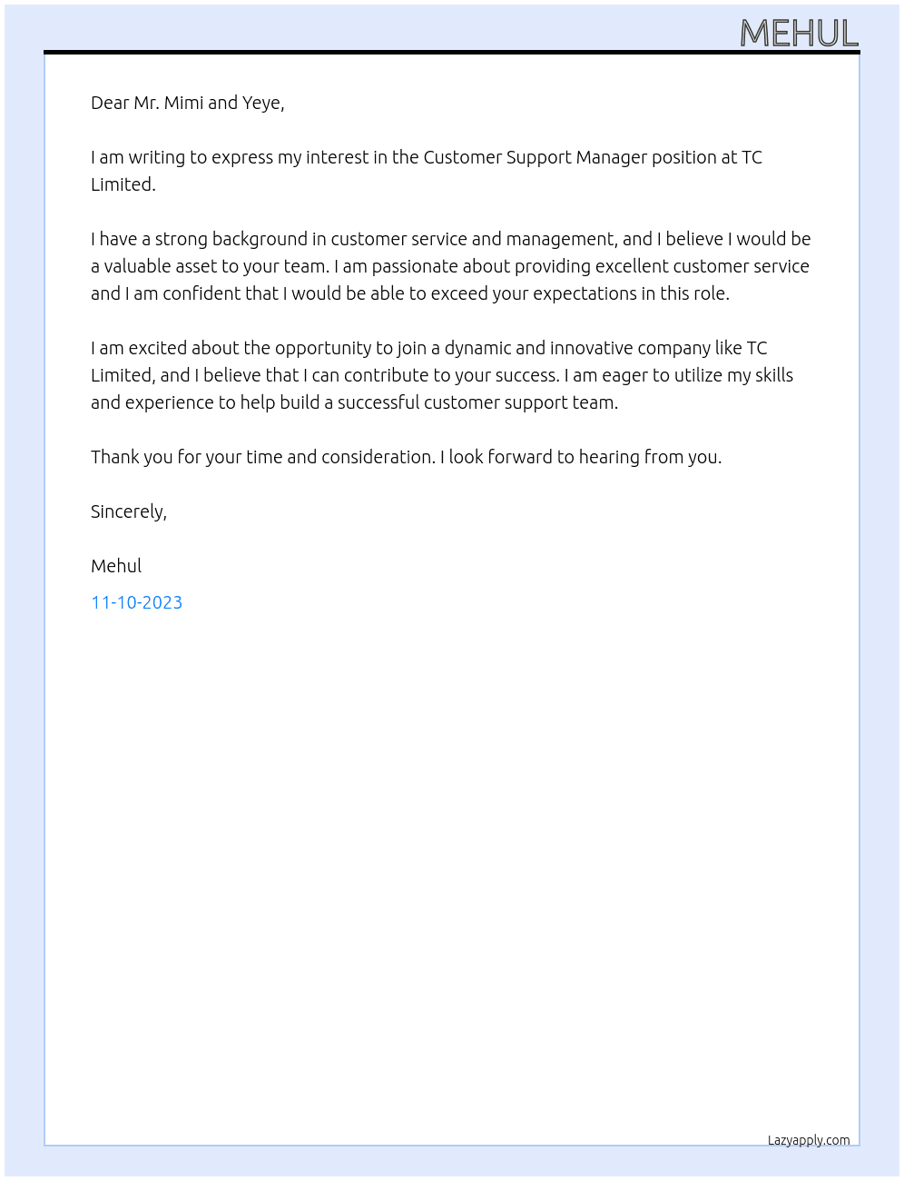 Customer Support Manager At TC Limited Cover Letter