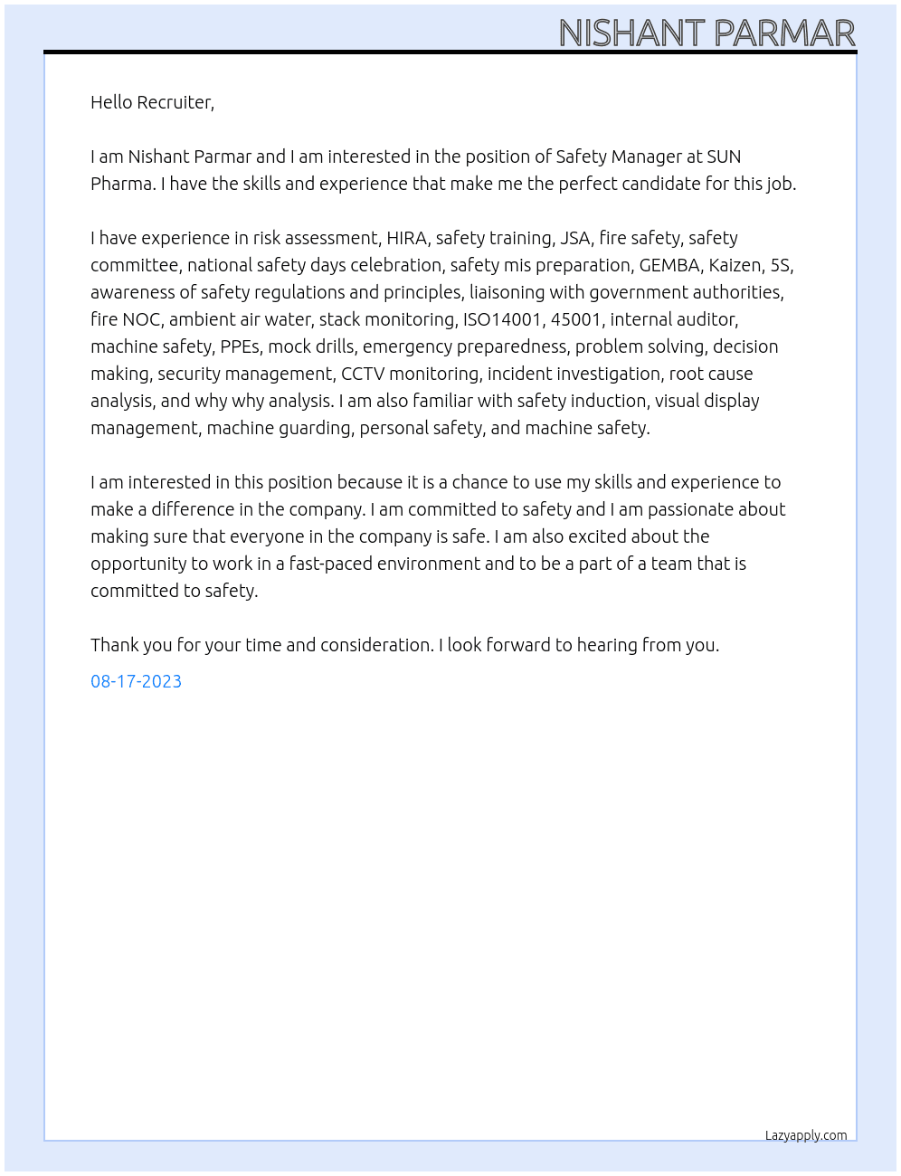 safety manager At SUN  PHARMA Cover Letter