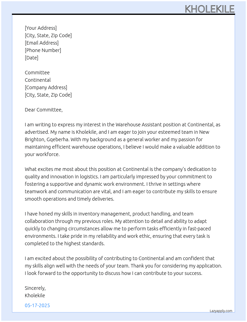 Warehouse assistant  At Continental  Cover Letter