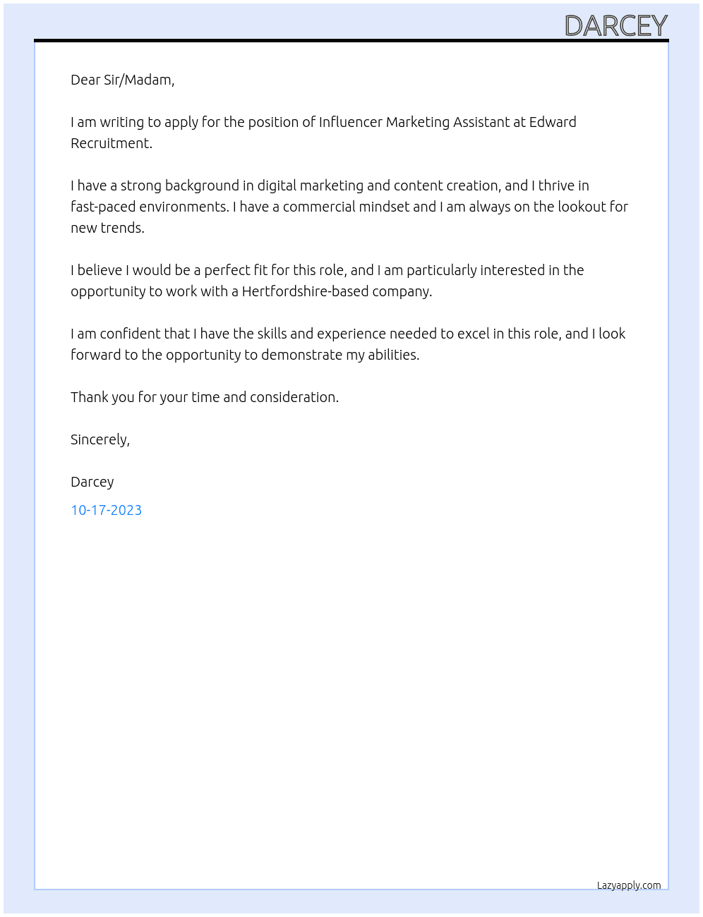 Influencer Marketing Assistant At Edward Recruitment Cover Letter