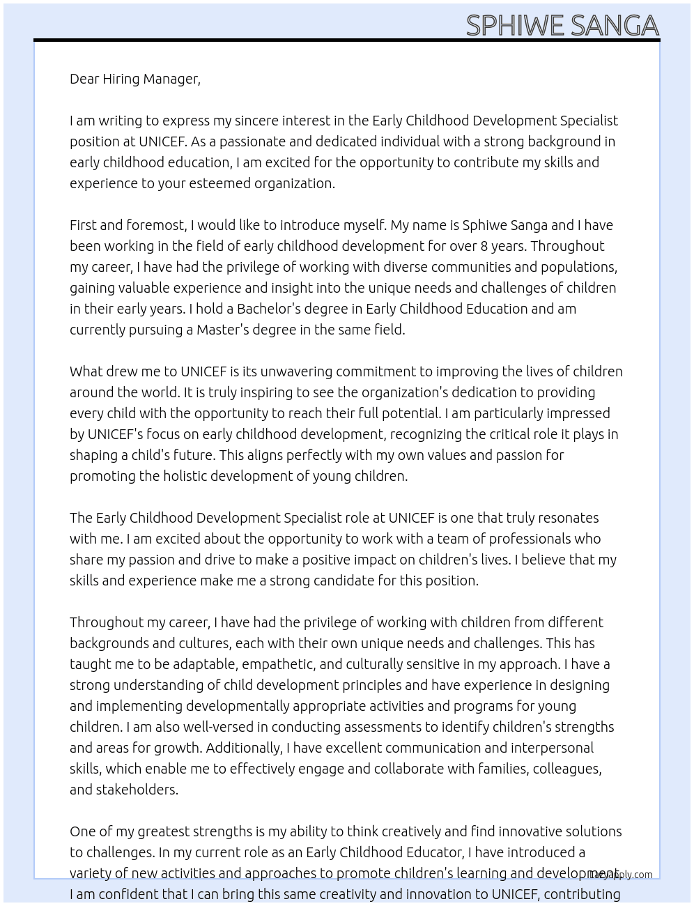 Early childhood development specialist  At Unicef Cover Letter