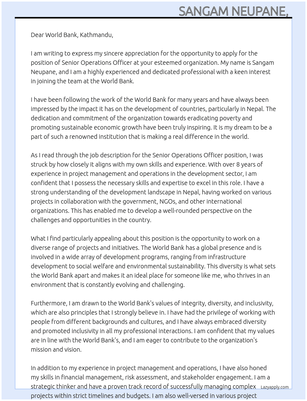 Senior Operations Officer At World Bank Cover Letter