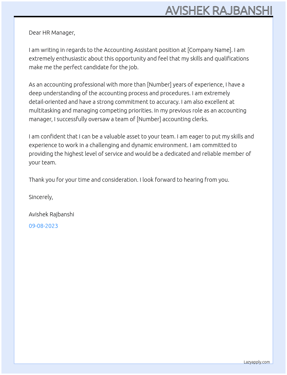 Accounting Assistant At [Company Name] Cover Letter