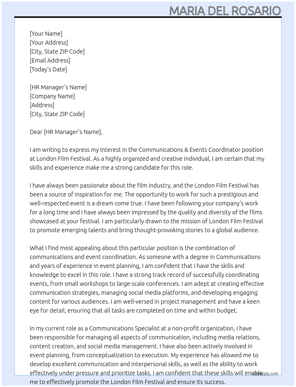 Communications & Events Coordinator At London Film Festival Cover Letter