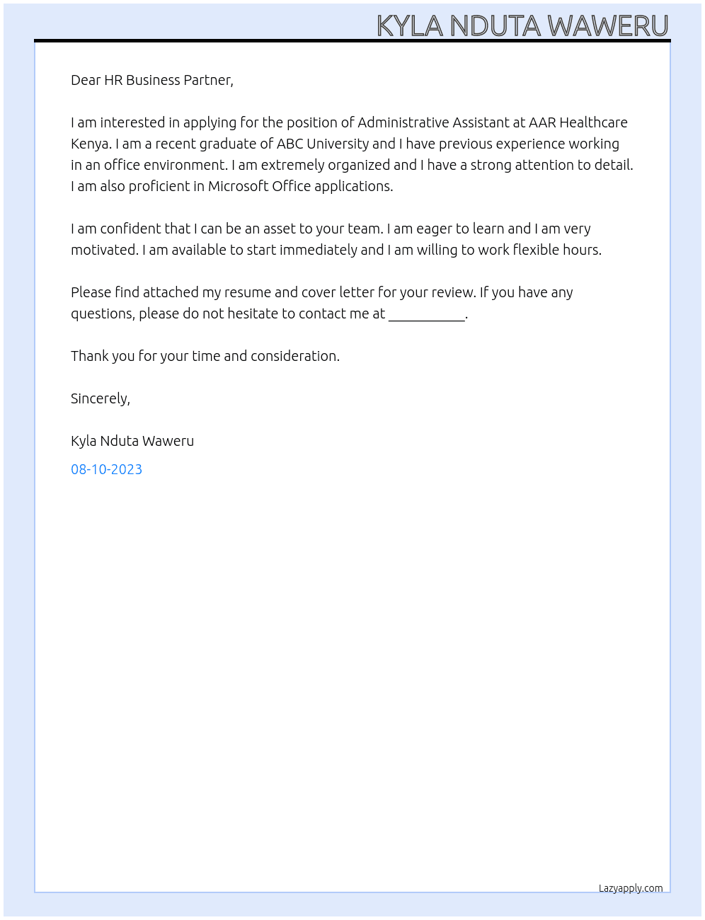 administrative assistant At AAR Healthcare Kenya Cover Letter