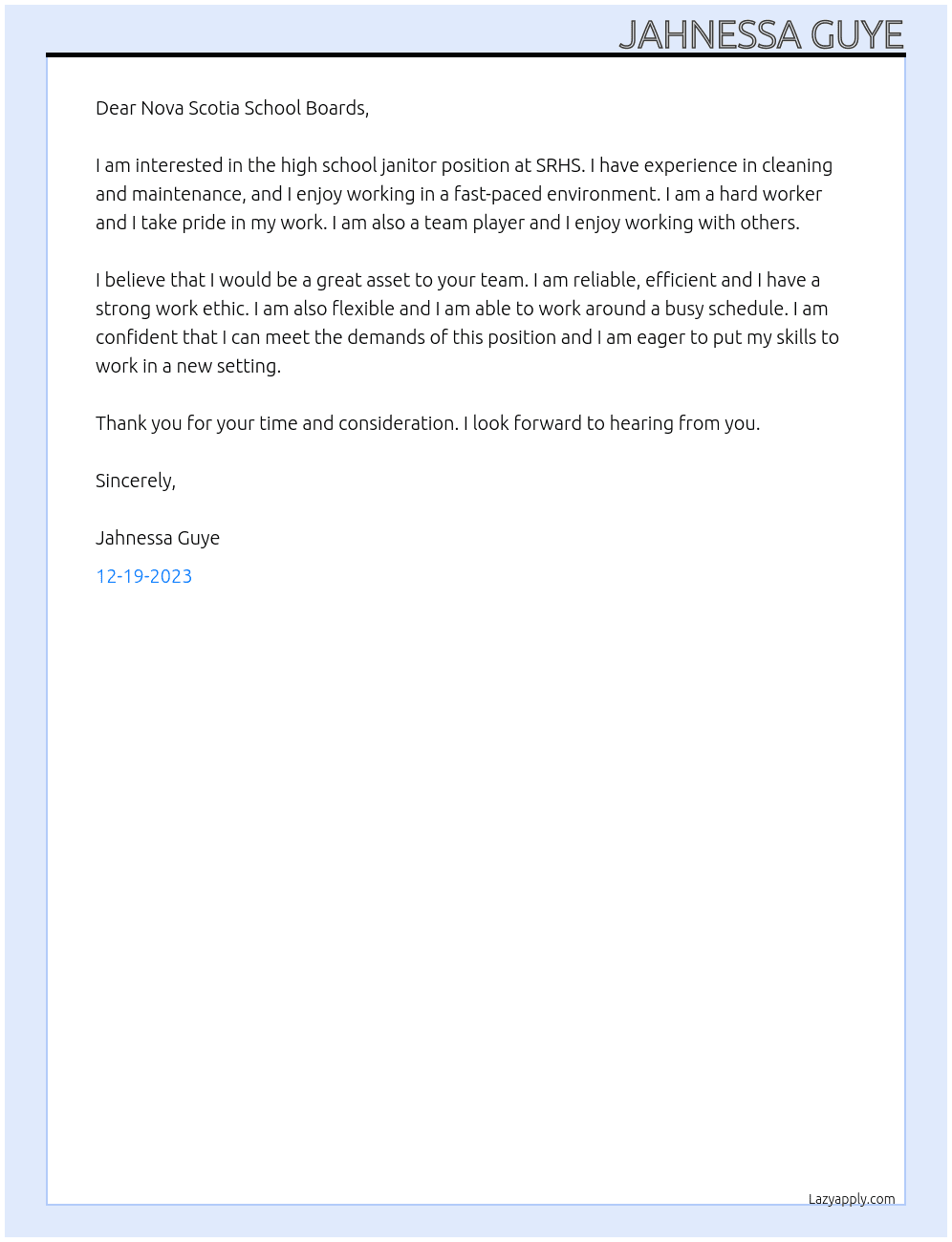 high school janitor At SRHS Cover Letter
