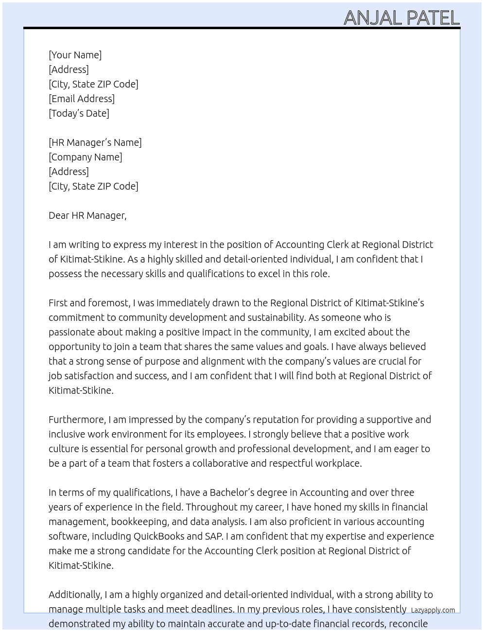 Accounting Clerk At Regional District of Kitimat-Stikine Cover Letter