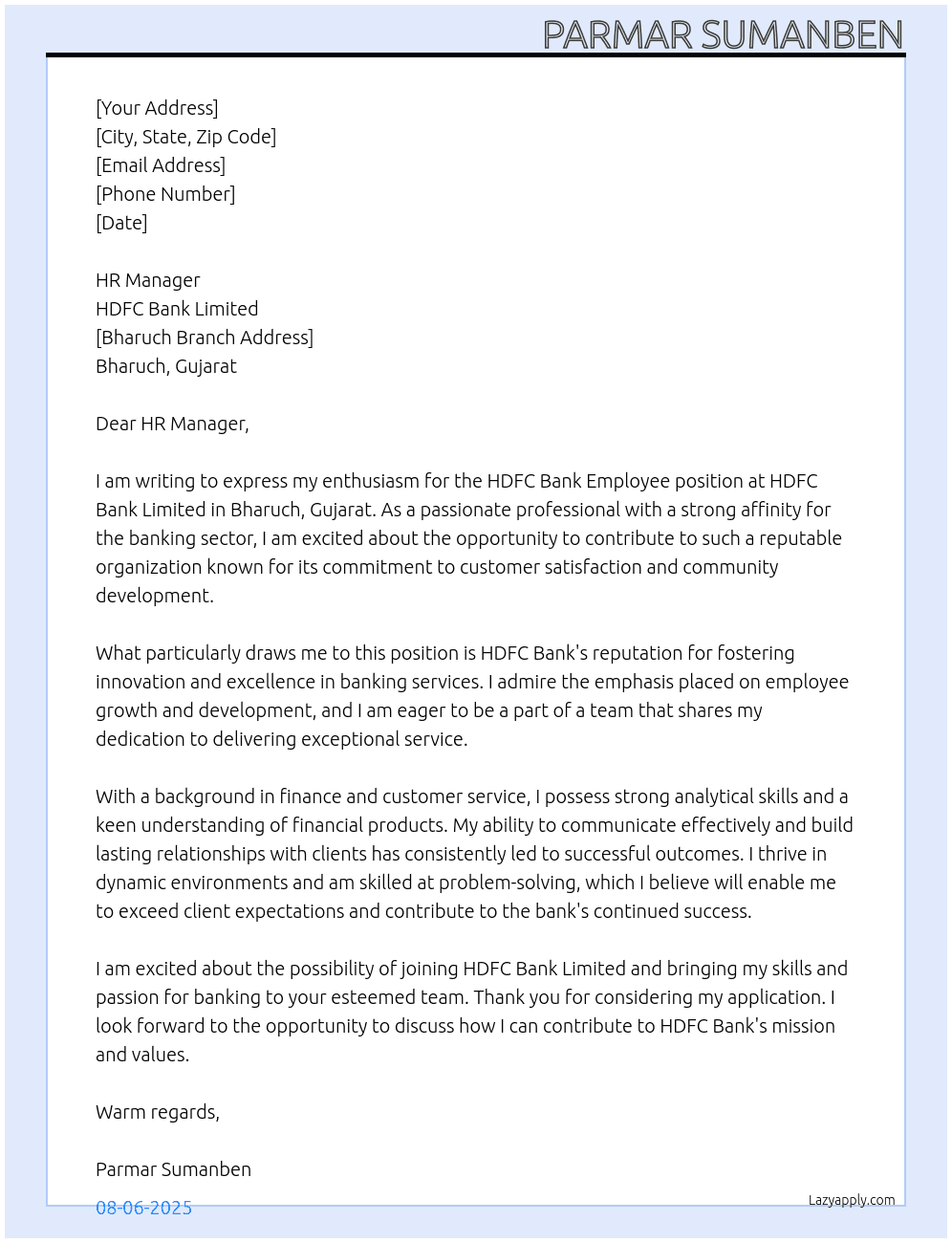 HDFC BANK EMPLOYEE  At HDFC BANK LIMITED  Cover Letter