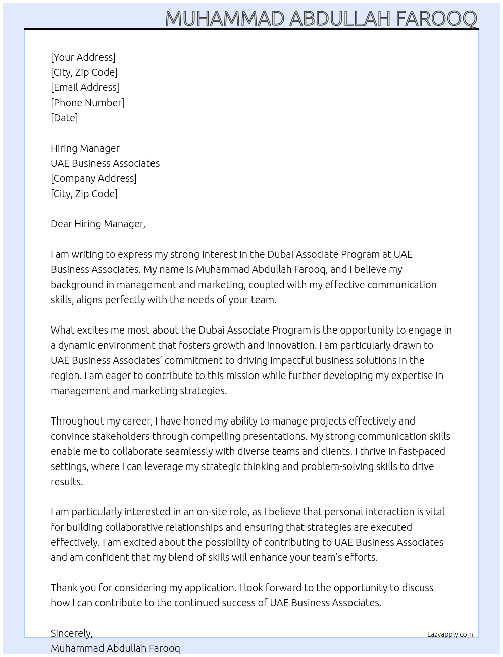 Cover letter for dubai associate program - LazyApply