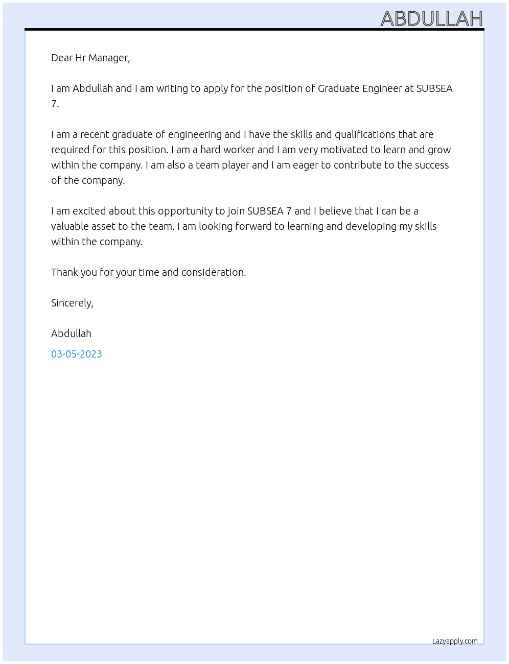 Graduate Engineer At SUBSEA 7 Cover Letter