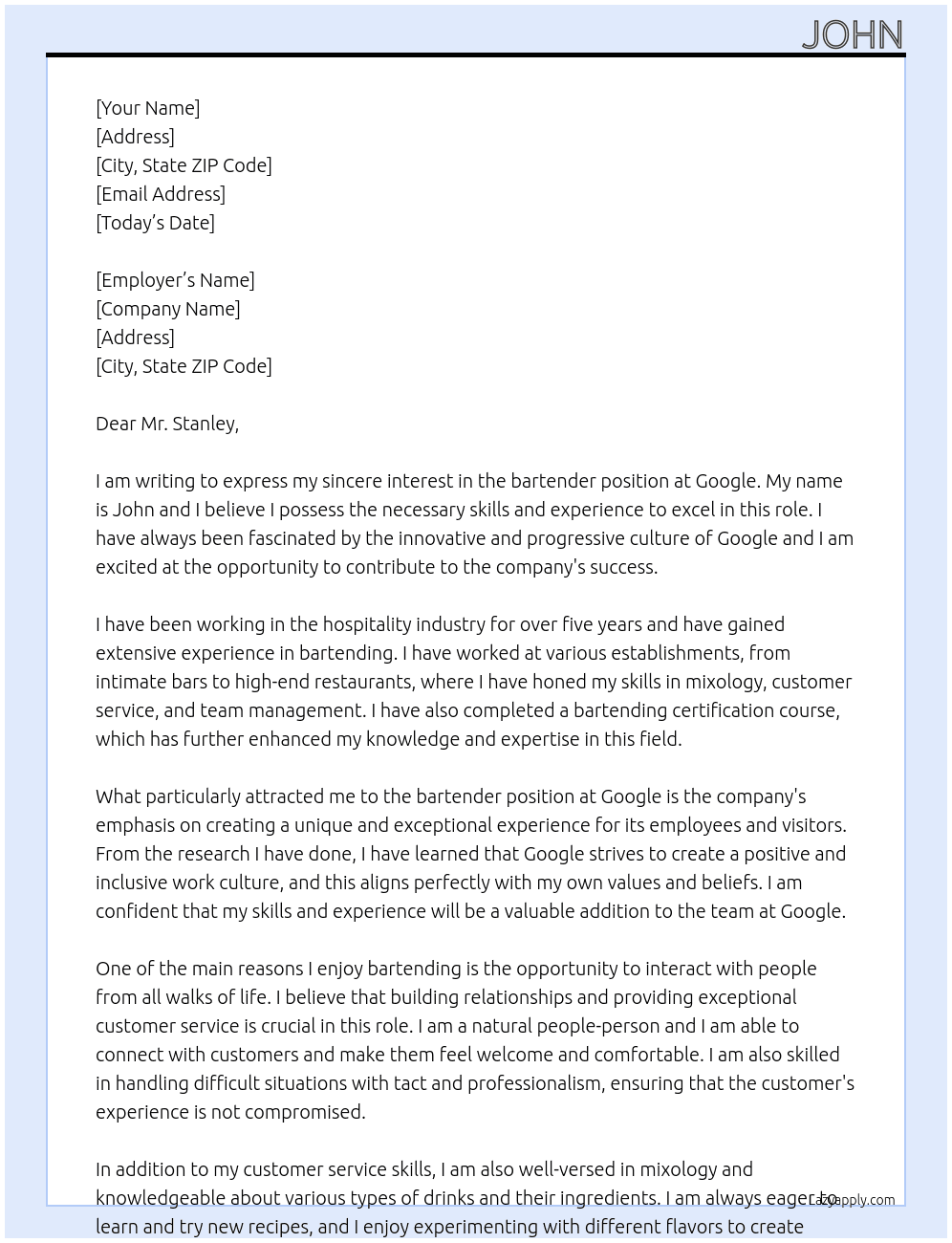 bartender At google Cover Letter