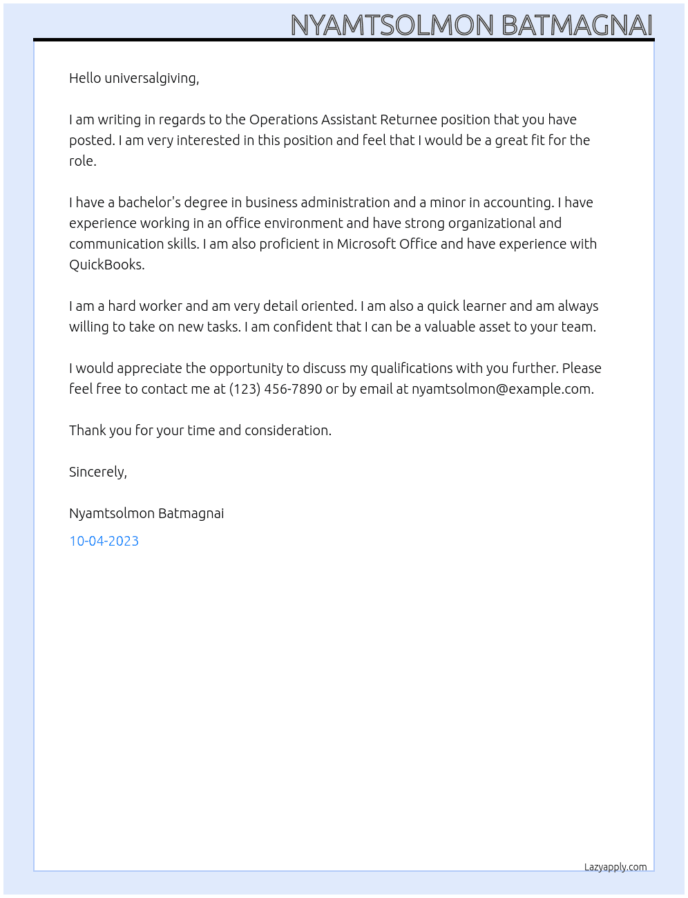 Operations Assistant Returnee At universalgiving Cover Letter