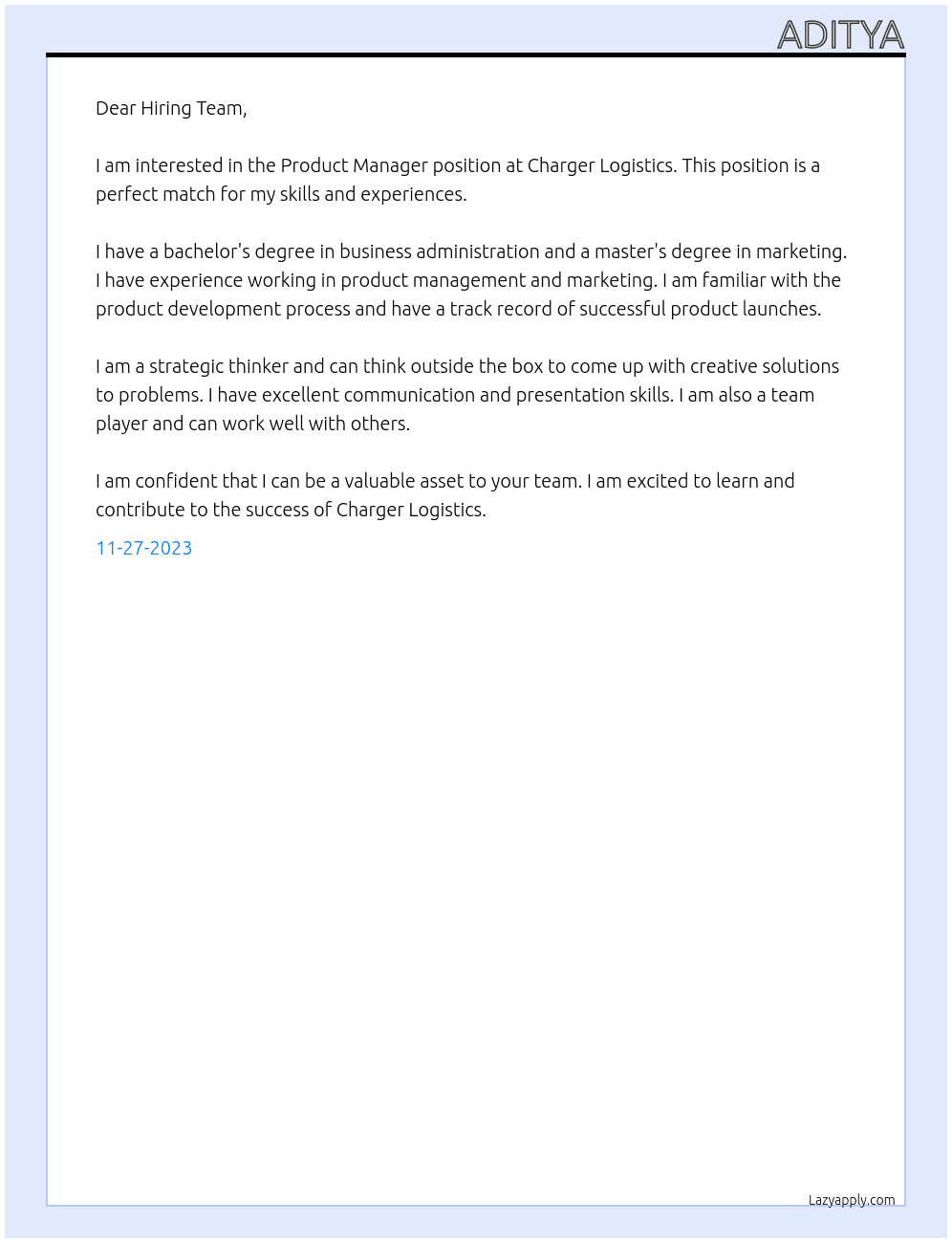 Product Manager At Charger Logistics Cover Letter