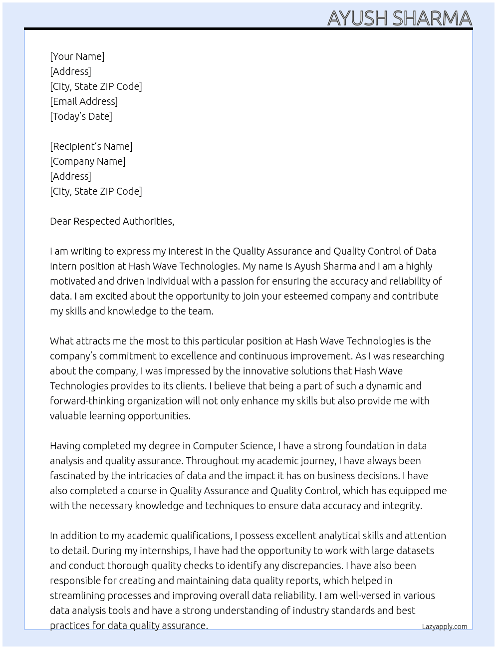 Quality assurance and quality control of data , intern  At Hash wave technologies  Cover Letter