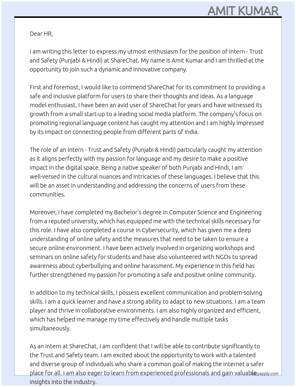 Intern - Trust and safety (Punjabi & Hindi)   At ShareChat Cover Letter