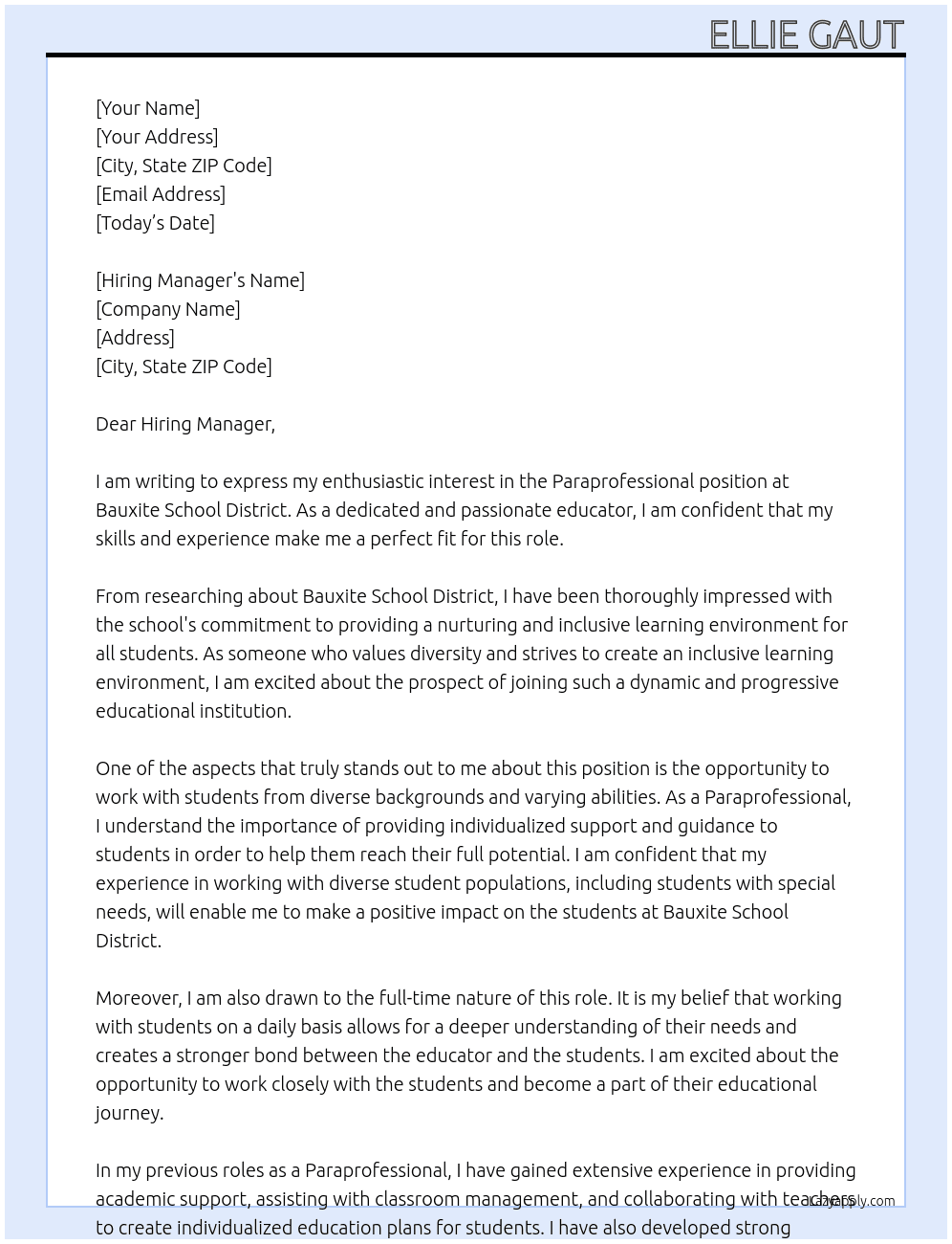Paraprofessional At Bauxite School District Cover Letter
