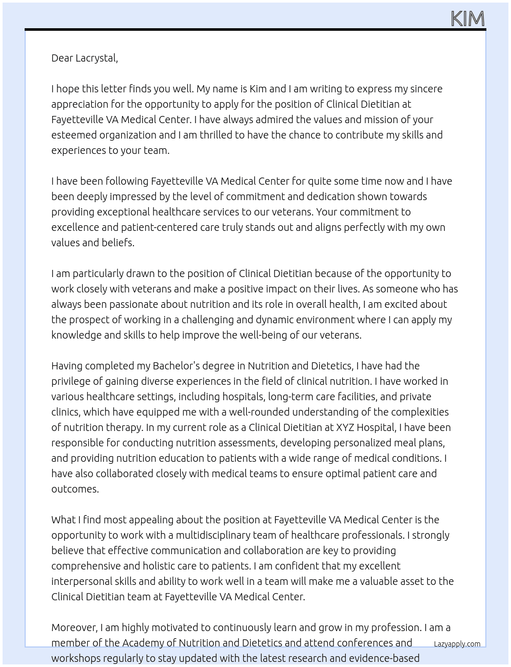 Clinical Dietitian At Fayetteville VA Medical Center Cover Letter