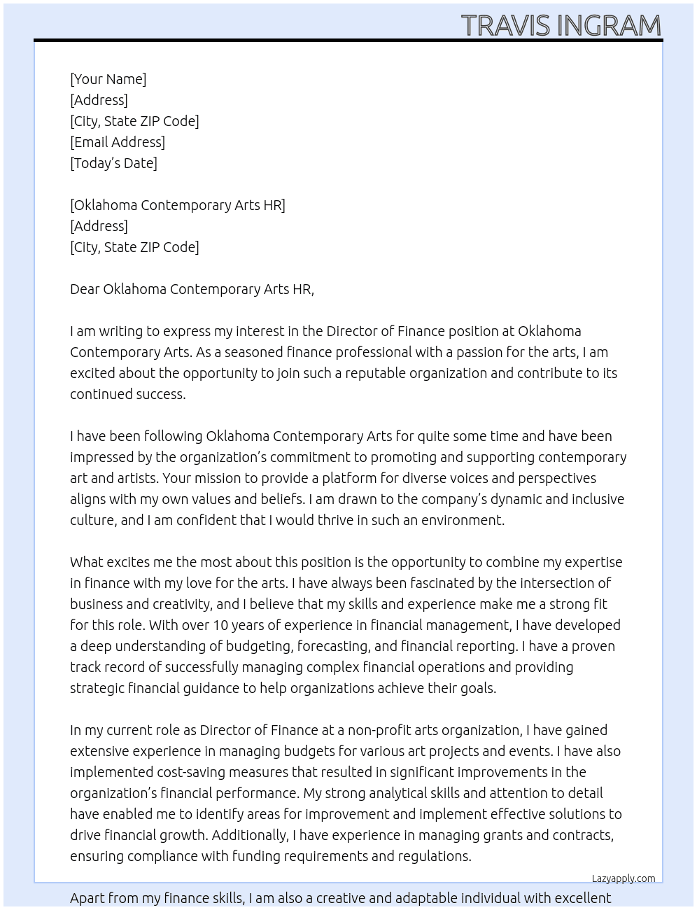 Director of Finance At Oklahoma Contemporary Arts Cover Letter