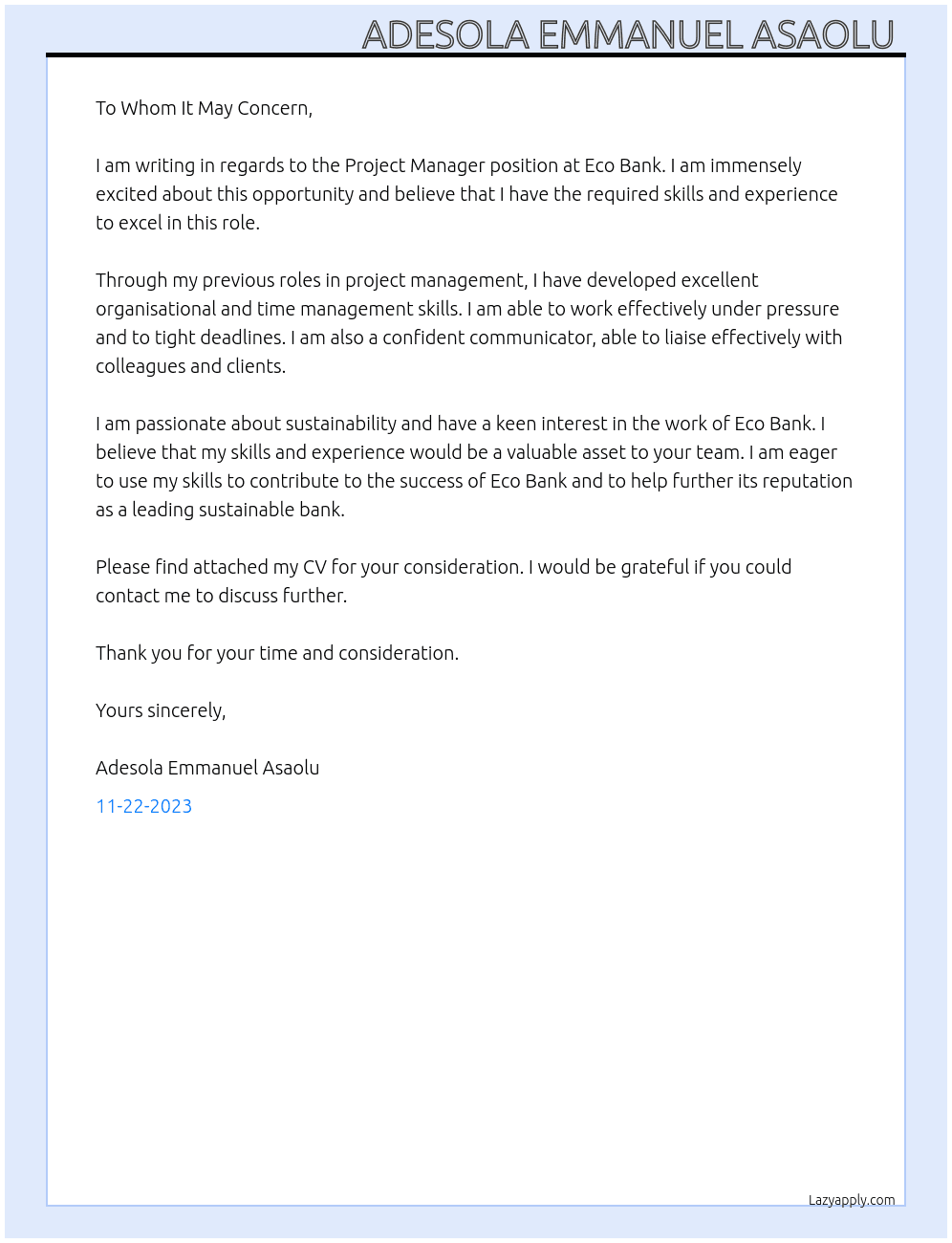 Project manager  At Eco Bank  Cover Letter