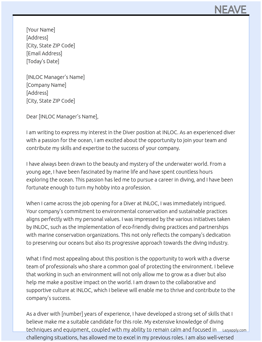 Diver  At INLOC  Cover Letter