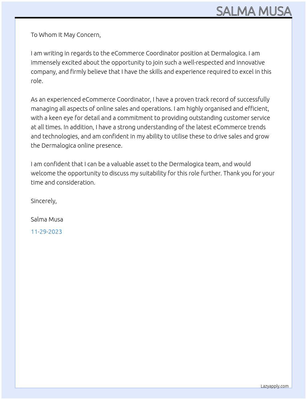 eCommerce Coordinator At Dermalogica Cover Letter
