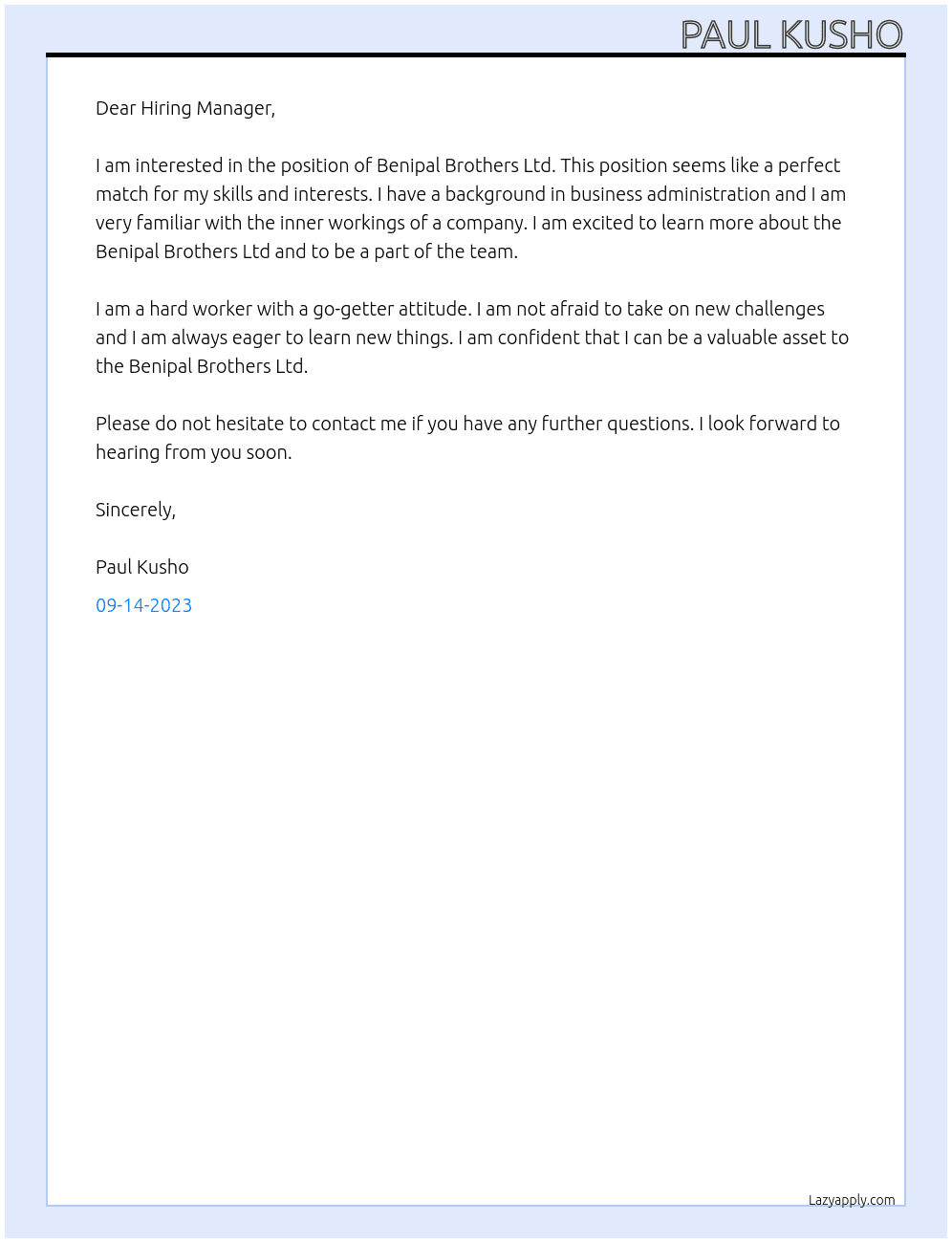 Benipal Brothers Ld At Benipal Brothers Ltd Cover Letter