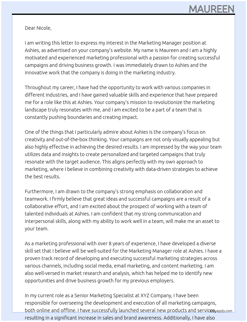 Marketing Manager At Ashies Cover Letter