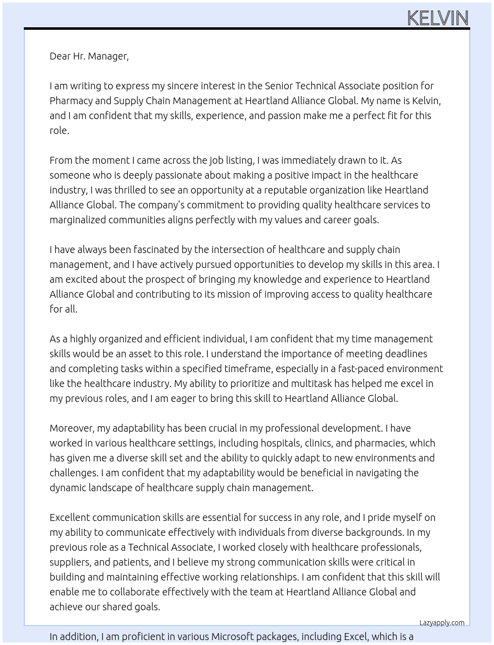 Senior Technical Associate, Pharmacy and Supply Chain Management At Heartland Alliance Gblobal Cover Letter