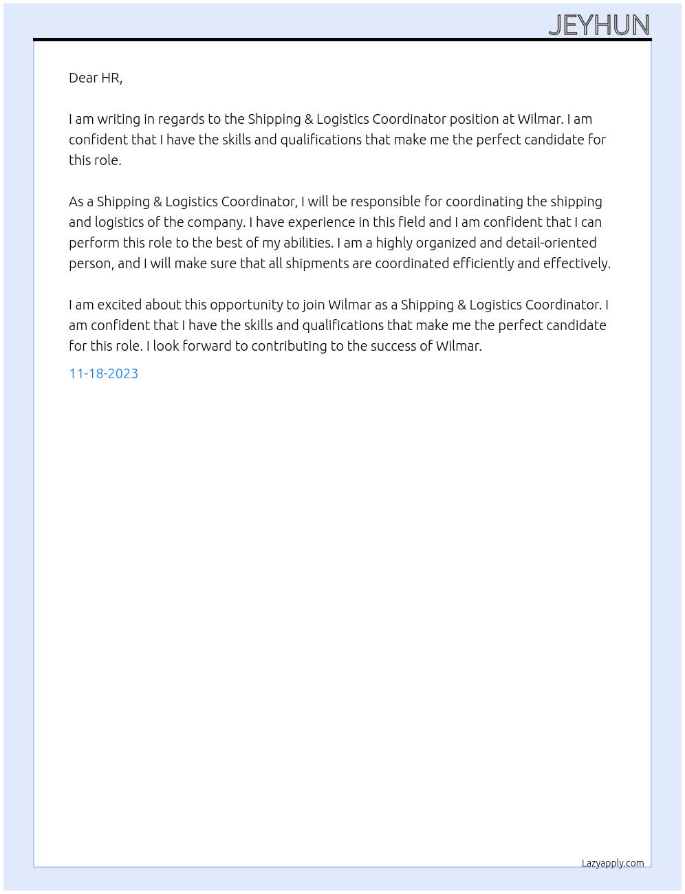Shipping & Logistics Coordinator At wilmar Cover Letter