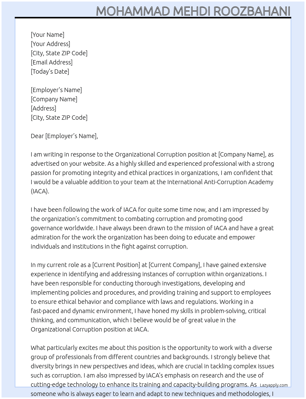Organizational corruption At iaca Cover Letter