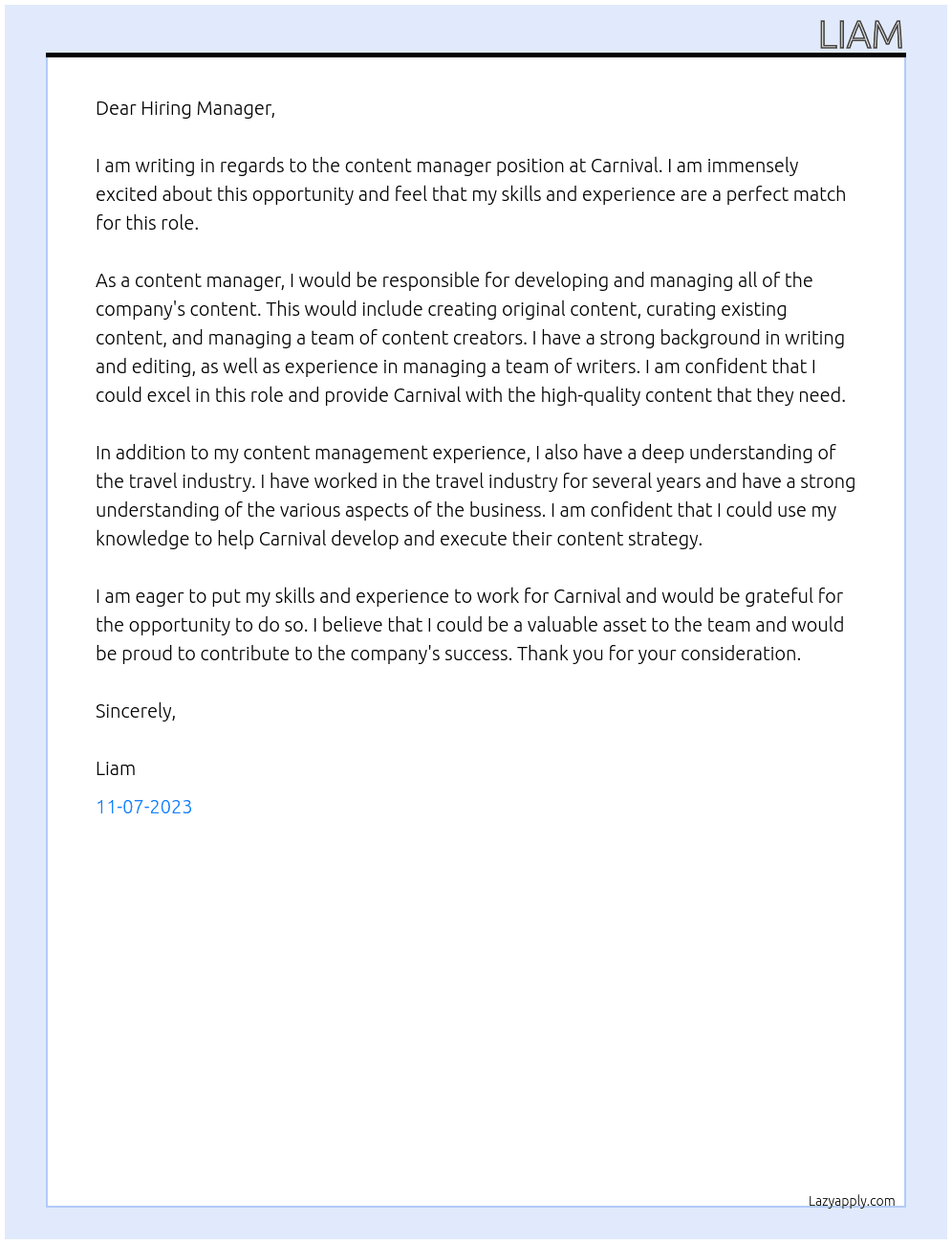 content manager At Carnival  Cover Letter