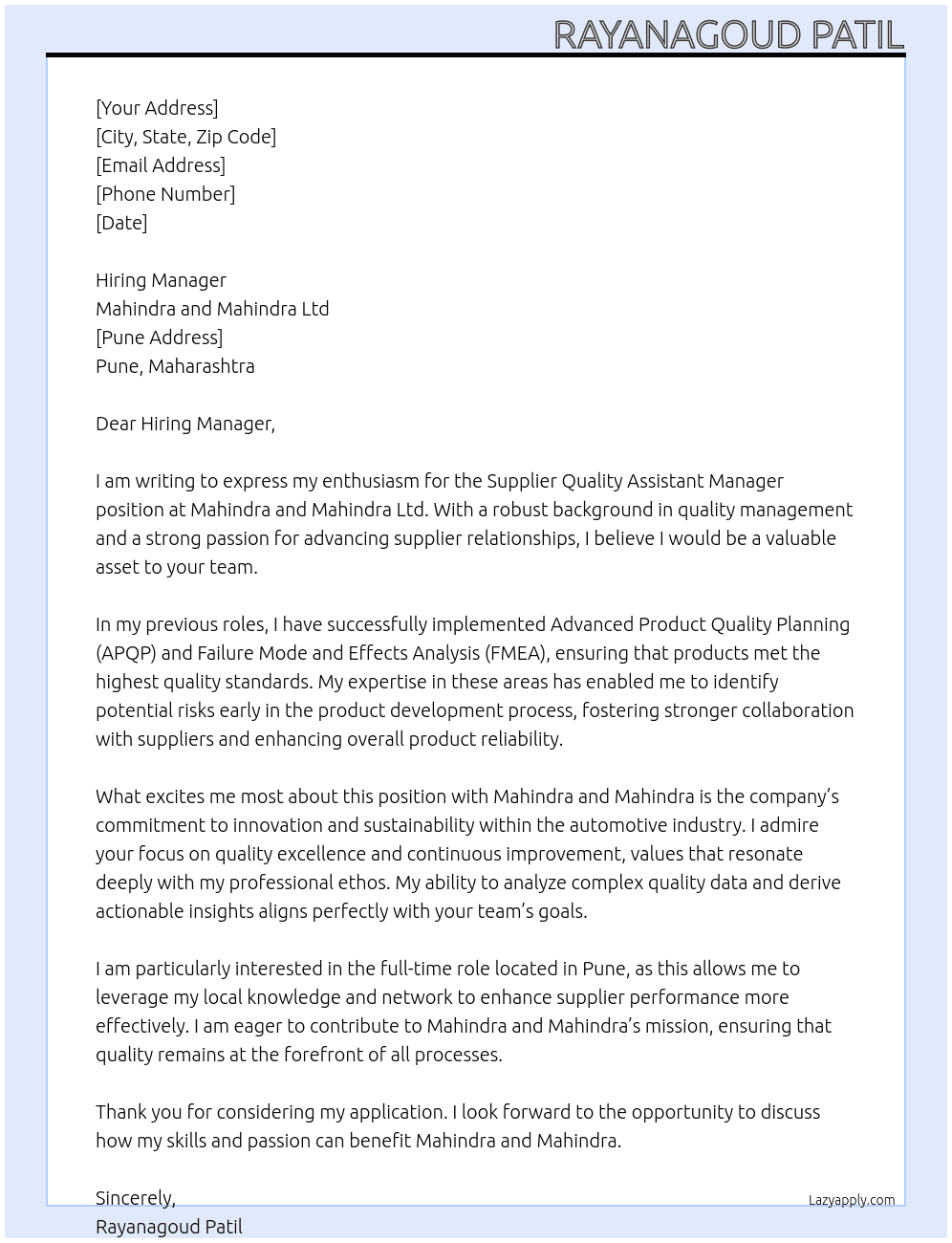Supplier Quality  At Mahindra and Mahindra Ltd Cover Letter