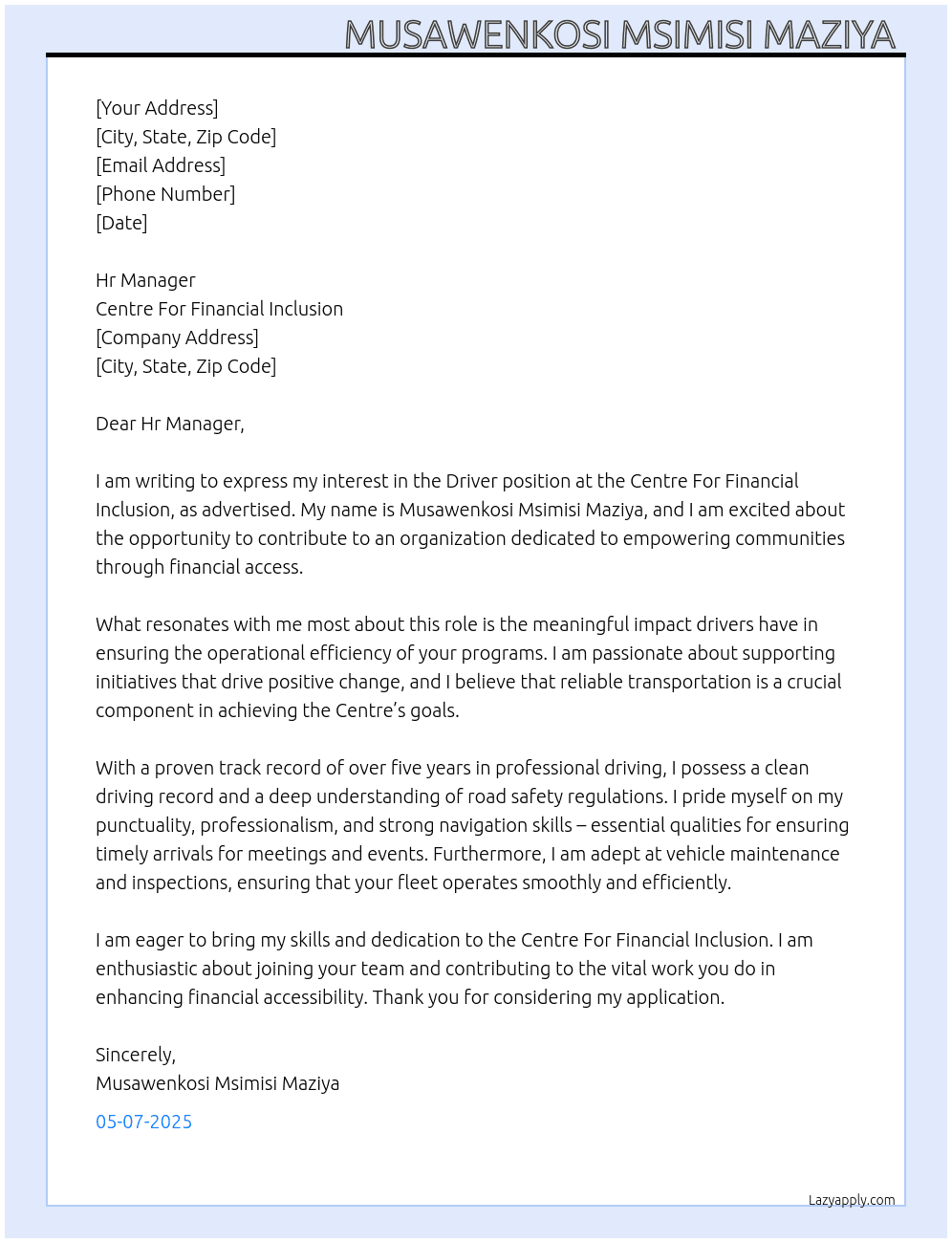 Driver  At Centre For Financial Inclusion  Cover Letter