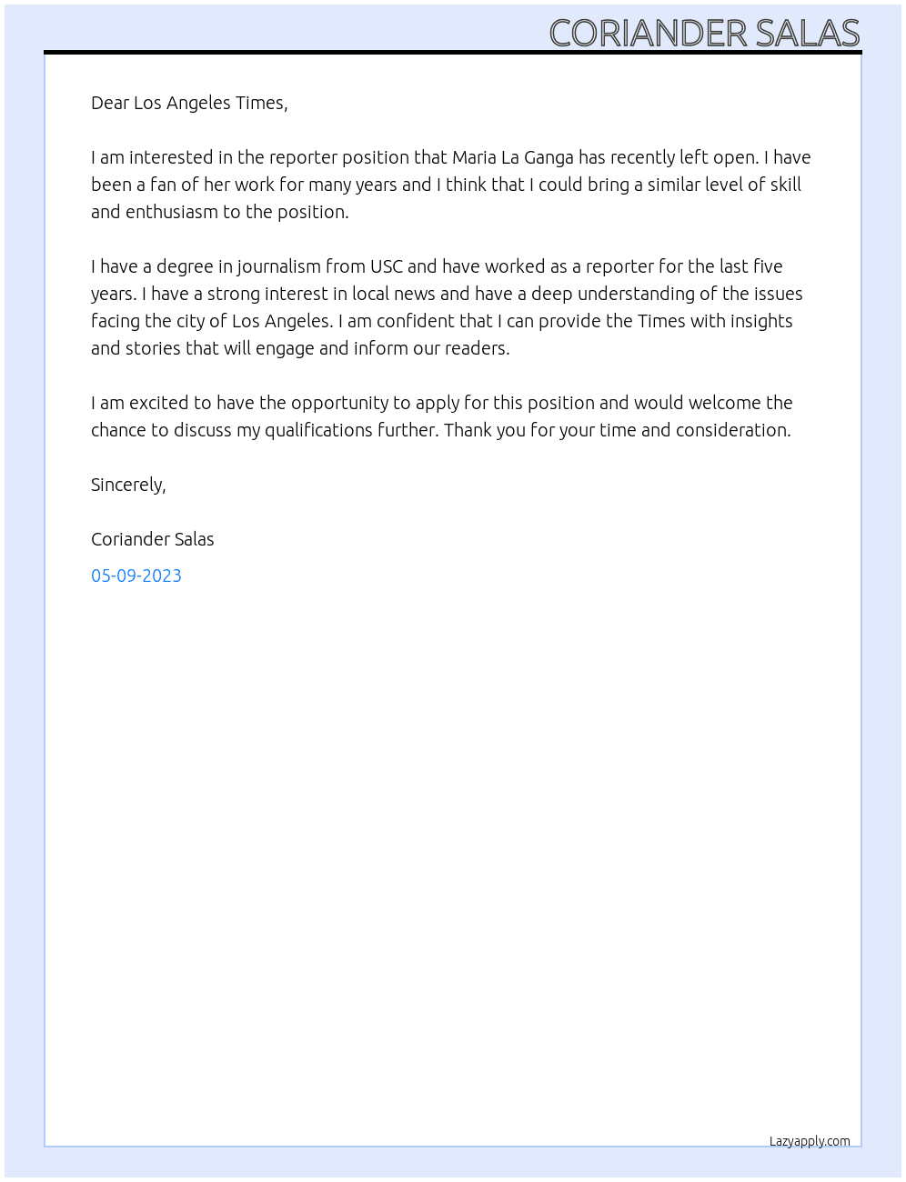 Reporter At Los Angeles Times Cover Letter